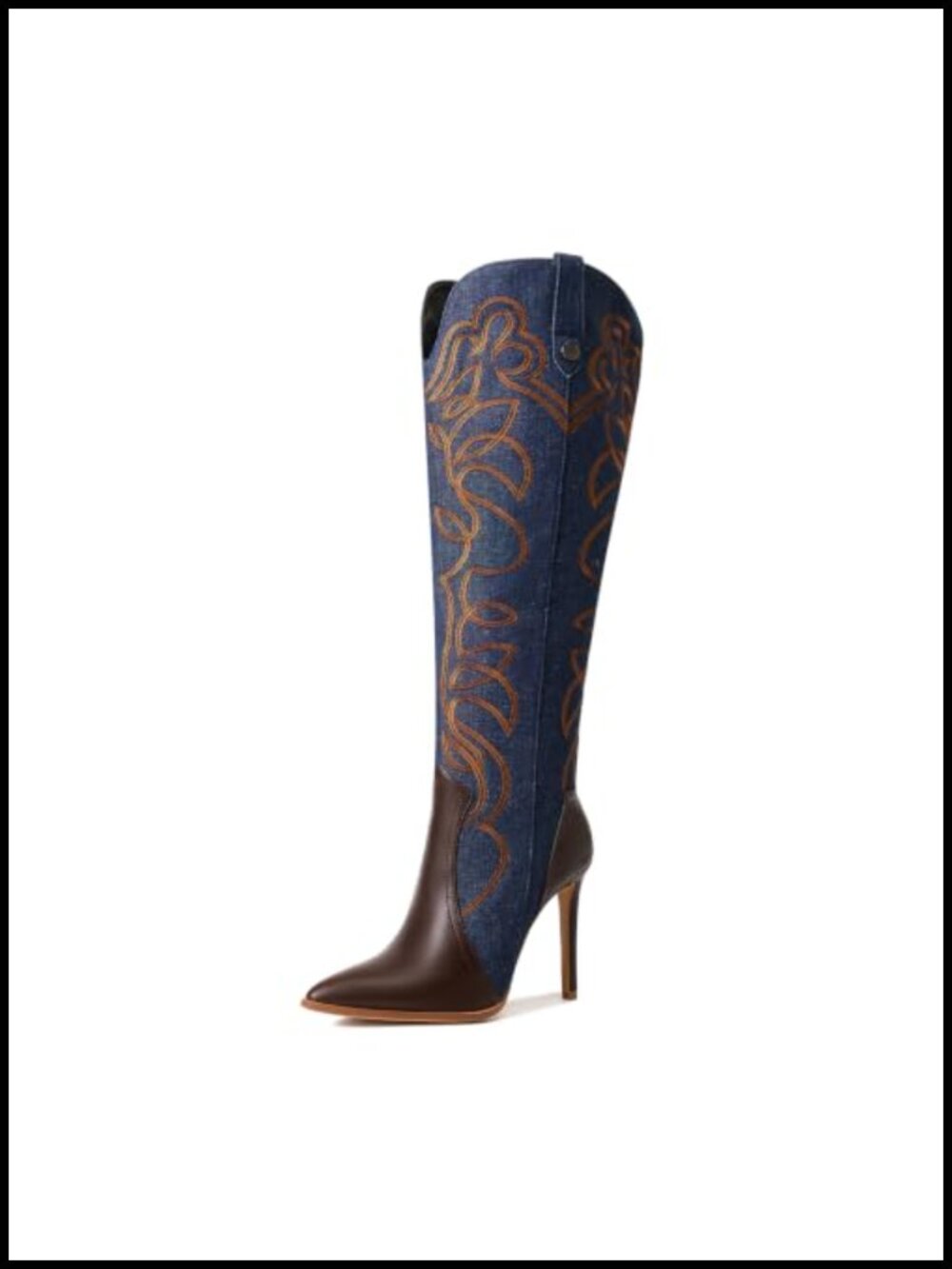 Knee High Cowboy Boots Rhinestone Stiletto Heel Pointed Toe Side Zipper Denim